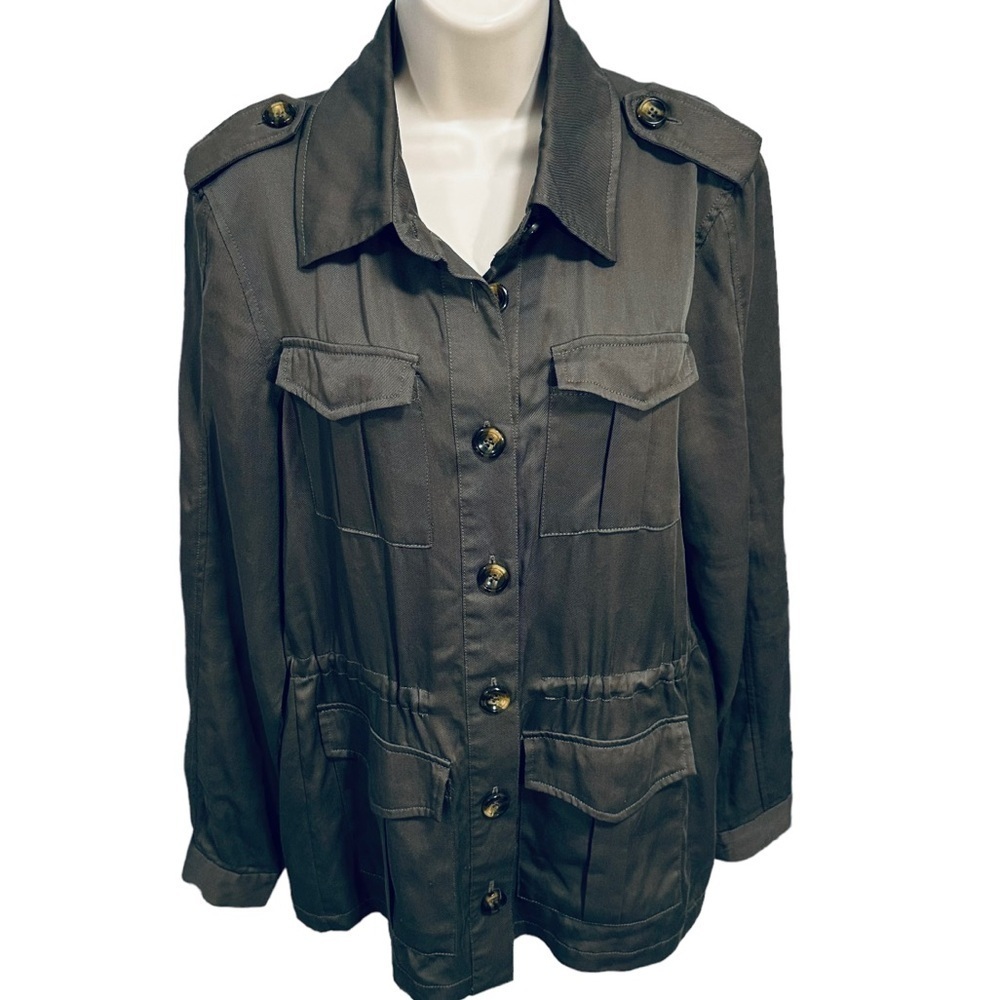 New! SAKS FIFTH AVENUE Tencel Field Utility Military Jacket Army Olive Green Sm